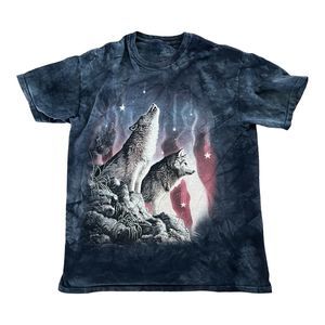 Vintage The Mountain T Shirt Mens Large Patriotic Wolves Howling Blue Tie Dye